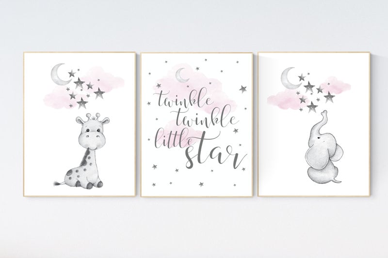 Girl nursery decor elephant, Nursery wall art elephant, nursery wall art girl, giraffe nursery, nursery girl wall art, moon and stars