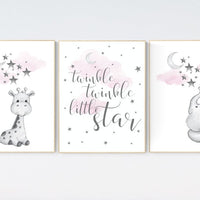 Girl nursery decor elephant, Nursery wall art elephant, nursery wall art girl, giraffe nursery, nursery girl wall art, moon and stars