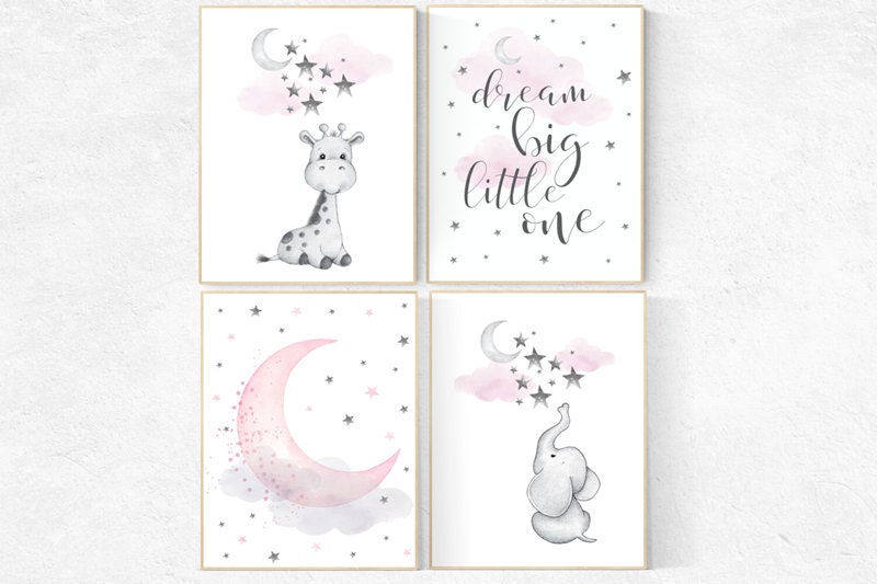 Nursery wall art elephant, nursery wall art girl, giraffe nursery, Pink and gray nursery, dream big little one, moon and stars nursery