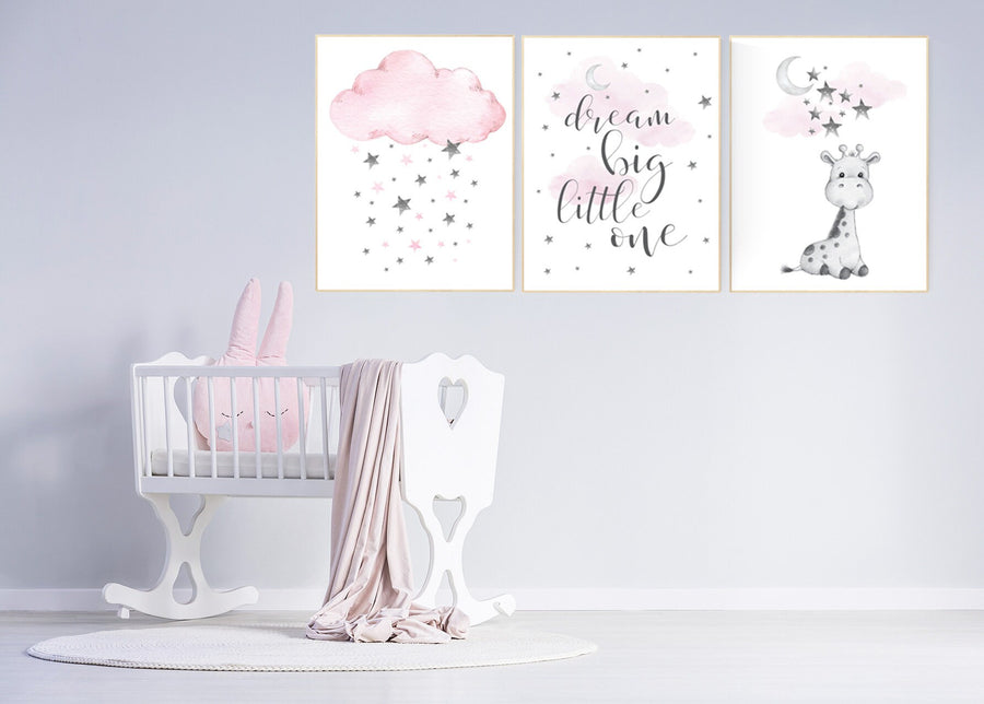 Girl nursery decor, Nursery decor girl, nursery wall art girl, giraffe nursery, Pink and gray nursery, dream big little one, moon and stars