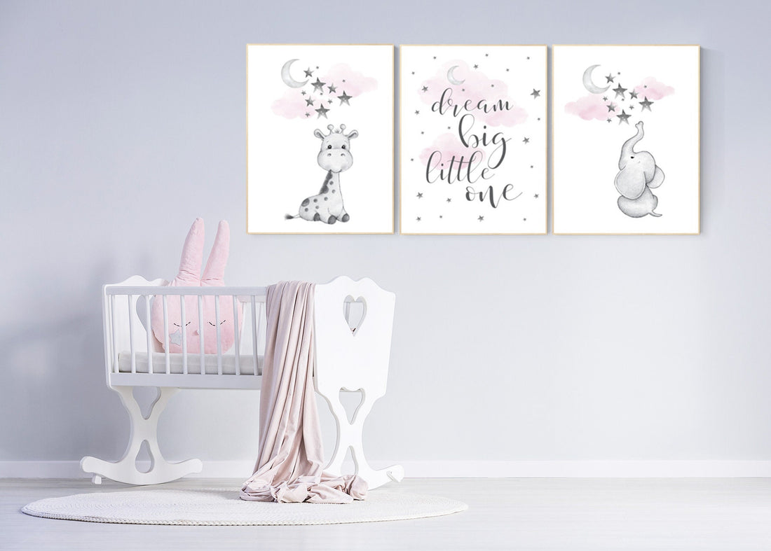 Nursery wall art elephant, nursery wall art girl, giraffe nursery, Pink and gray nursery, dream big little one, moon and stars nursery