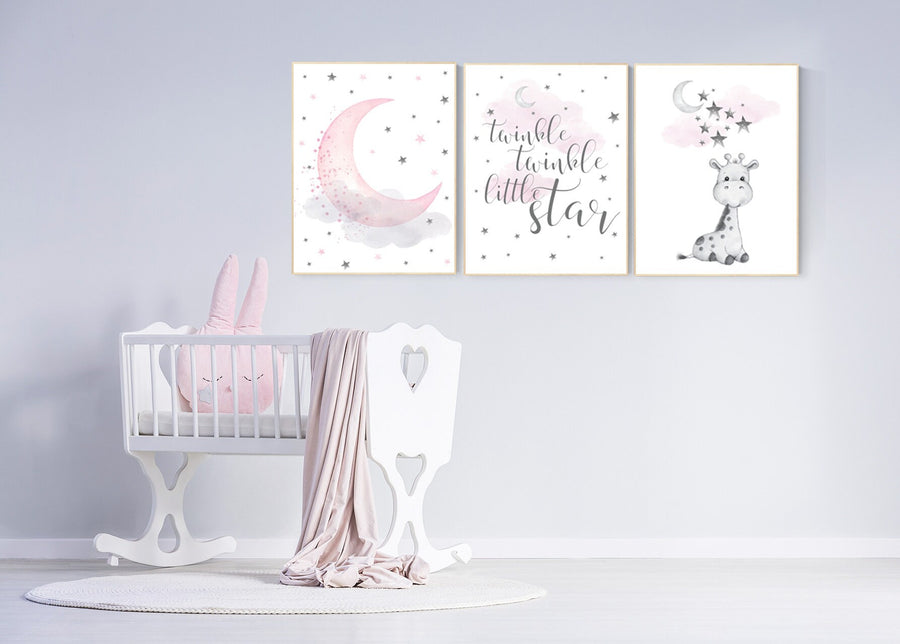 Girl nursery decor, Nursery decor girl, nursery wall art girl, giraffe nursery, Pink and gray nursery, dream big little one, moon and stars