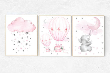 Nursery decor girl elephant, nursery wall art , hot air balloon, pink grey, cloud and stars nursery, oh the places you'll go, pink and gray