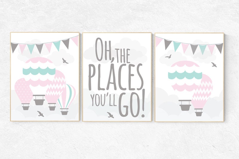 Pink and mint nursery decor, nursery wall art girl, pink and aqua nursery, nursery art girl, hot air balloon nursery oh the places you&