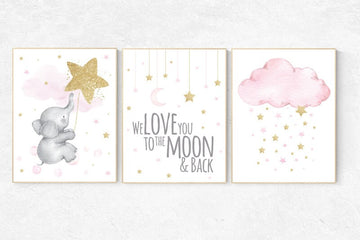 Nursery wall art girl elephant, baby room decor girl gold and pink, we love you to the moon and back, cloud and stars, baby room decor
