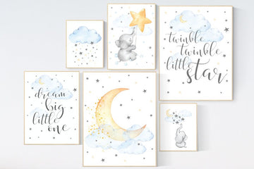 Nursery decor elephant, blue and yellow nursery, gender neutral, twinkle twinkle little star, nursery wall art neutral, dream big little one