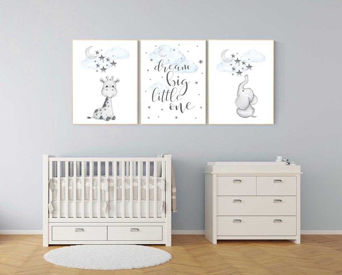 boy nursery decor elephant, nursery decor boy, blue nursery art, giraffe print nursery, elephant decor for nursery, dream big little one