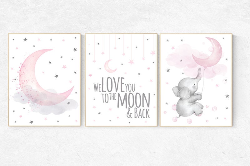 Baby room decor elephant, Nursery decor girl pink and gray, nursery decor girl pink, nursery wall art girl, we love you to the moon and back