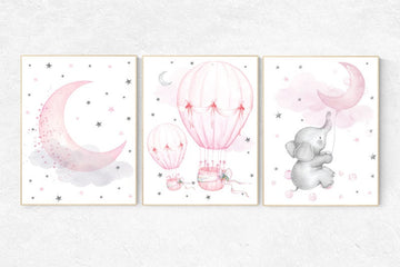 Nursery wall art girl elephant, nursery decor, hot air balloon, pink grey, cloud and stars, oh the places you'll go, baby room wall art