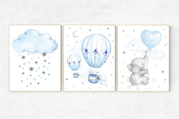 Nursery decor boy elephant, Nursery decor boy hot air balloon, elephant balloon, baby room decor, blue and gray nursery, nursery prints
