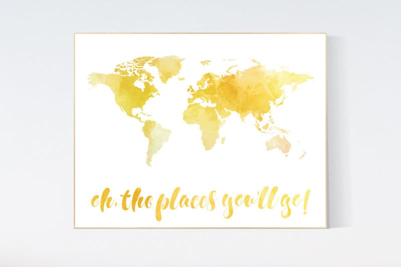 World map wall art, yellow world map, oh the places you&