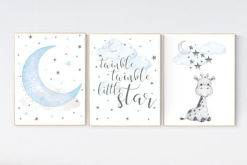 Giraffe art nursery, nursery decor boy, blue nursery art, giraffe nursery decor, twinkle twinkle little star, cloud and star nursery, boy