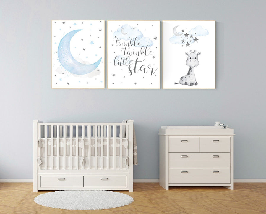 Giraffe art nursery, nursery decor boy, blue nursery art, giraffe nursery decor, twinkle twinkle little star, cloud and star nursery, boy
