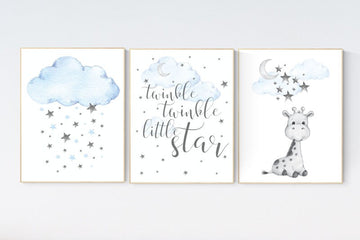 Giraffe art nursery, nursery decor boy, blue nursery art, giraffe nursery decor, twinkle twinkle little star, cloud and star nursery, boy