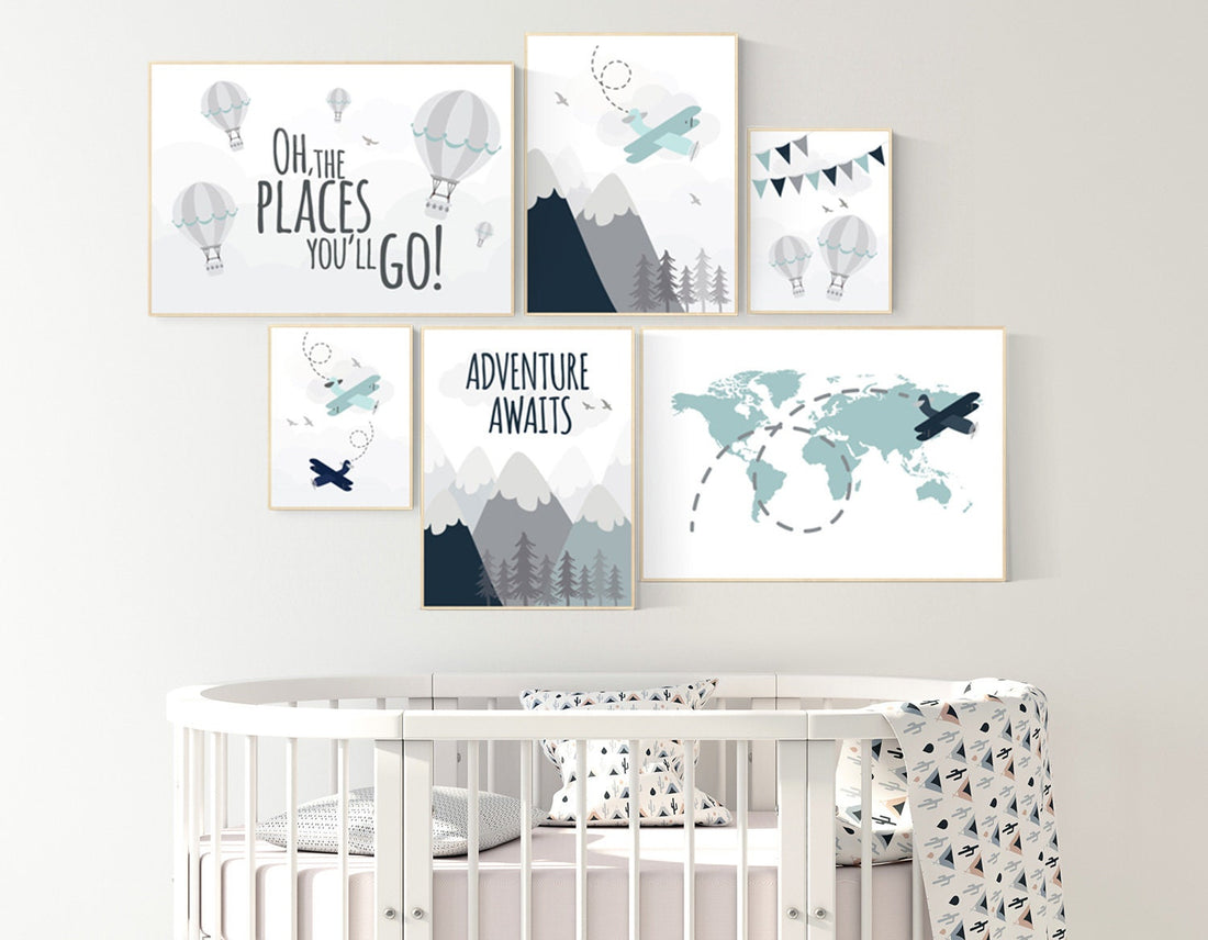 Adventure nursery decor, nursery decor boy adventure, nursery decor boy airplane, world map nursery, adventure awaits, oh the places