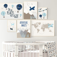 Nursery decor boy mountains adventure, mountain nursery art, adventure awaits. mountain, hot air balloon, planes, world map, gender neutral