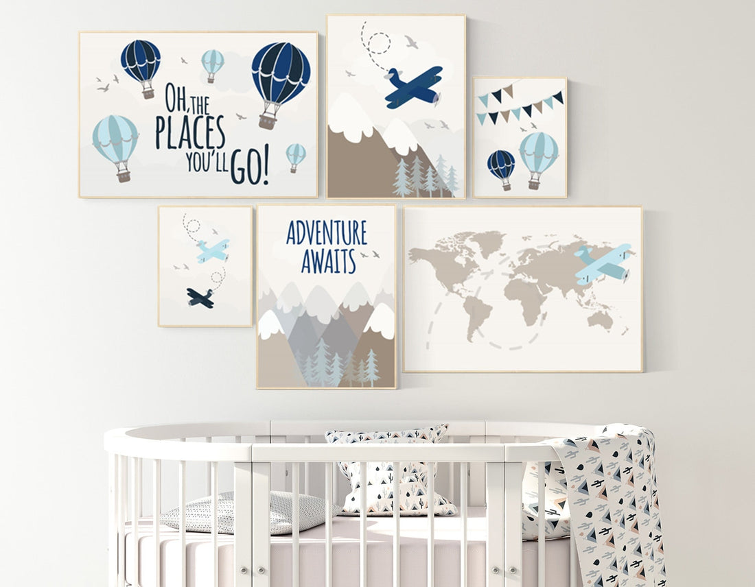 Travel themed nursery, hot air balloon, adventure nursery, mountain, adventure awaits, planes, world map, gender neutral, nursery prints