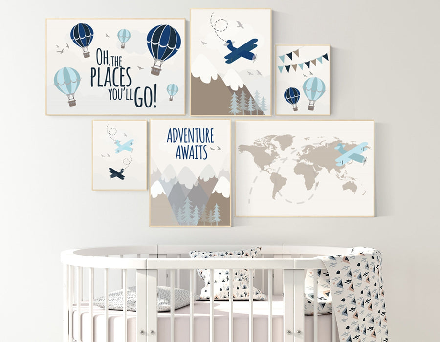 Travel themed nursery, hot air balloon, adventure nursery, mountain, adventure awaits, planes, world map, gender neutral, nursery prints