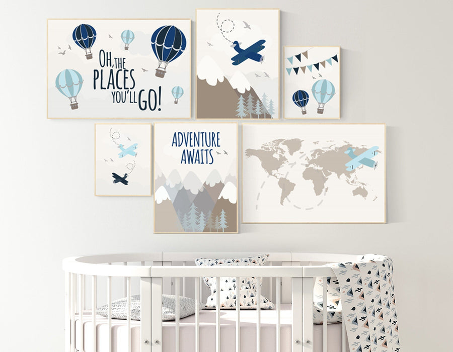 Nursery decor boy mountains adventure, mountain nursery art, adventure awaits. mountain, hot air balloon, planes, world map, gender neutral