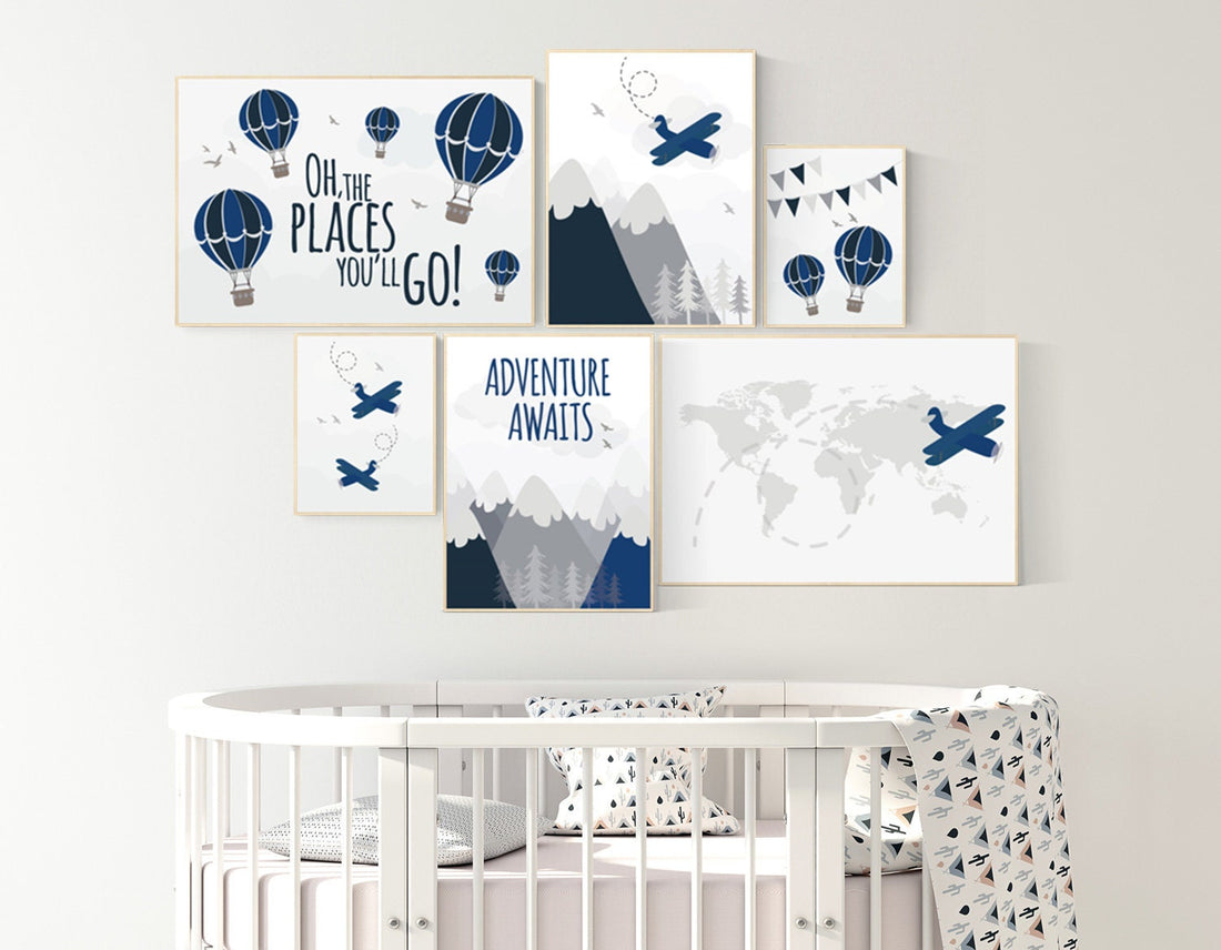 Nursery decor boy mountain, adventure nursery, adventure awaits, hot air balloon, world map, navy gray, grey, airplane, boys nursery ideas