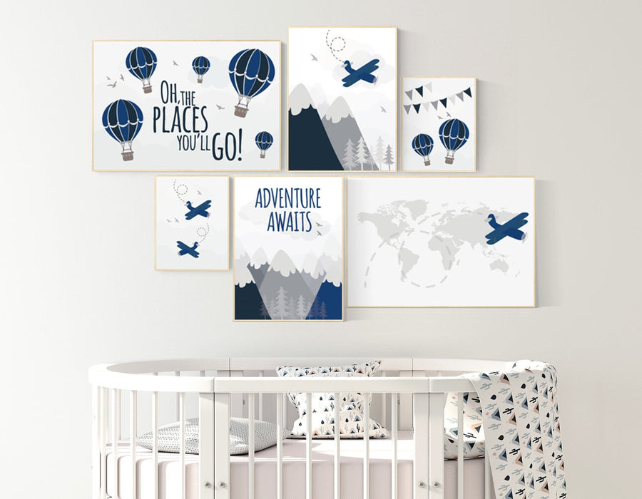 Nursery decor boy mountain, adventure nursery, adventure awaits, hot air balloon, world map, navy gray, grey, airplane, boys nursery ideas