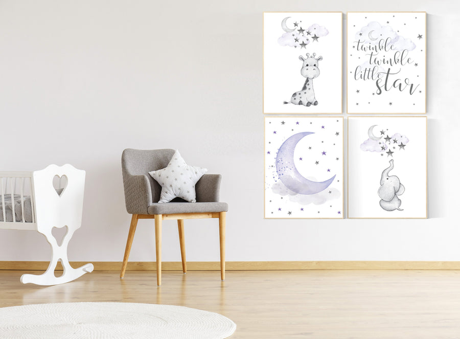 Nursery decor girl purple, nursery decor girl giraffe, purple nursery print, nursery decor elephant, elephant giraffe, twinkle twinkle