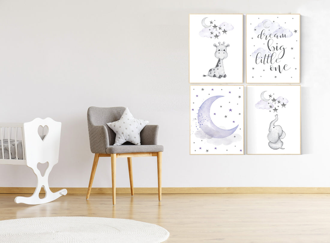Nursery decor girl giraffe, Nursery decor girl purple, purple nursery print, nursery decor elephant, elephant giraffe, dream big little one