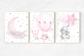 Nursery decor girl elephant, nursery wall art girl , hot air balloon, pink grey, cloud and stars nursery, pink and gray, nursery prints girl