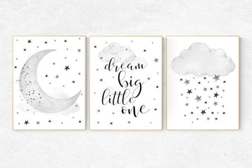 Nursery wall art black and white, gray nursery, nursery decor neutral, baby room decor gender neutral cloud and stars, dream big little one