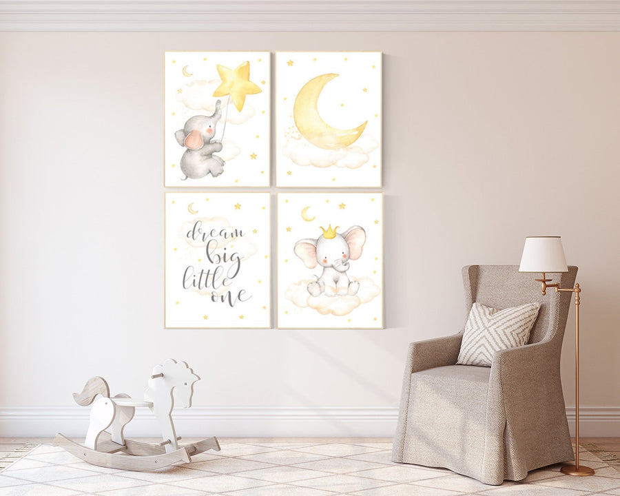 Nursery decor elephant, nursery wall art neutral, dream big little one, baby wall art elephant, baby room decor gender neutral, cloud, star