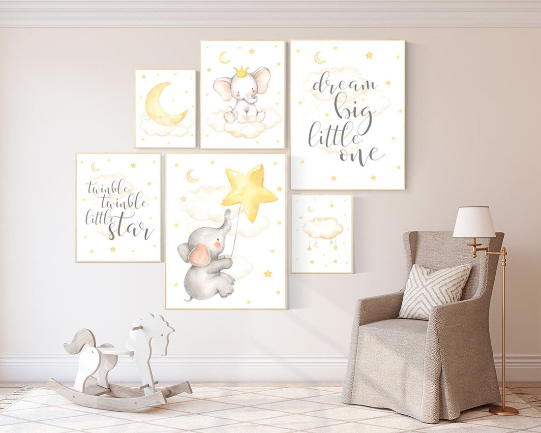 Nursery decor elephant, nursery wall art neutral, dream big little one, baby wall art elephant, baby room decor gender neutral, cloud, star