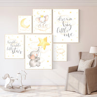 Nursery decor elephant, nursery wall art neutral, dream big little one, baby wall art elephant, baby room decor gender neutral, cloud, star