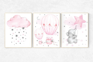 Nursery decor girl elephant, nursery wall art , hot air balloon, pink gray, cloud and stars, baby room wall art, nursery prints girl