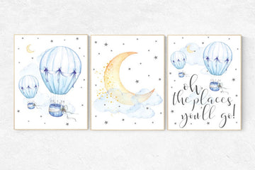 Nursery wall art neutral, nursery decor hot air balloon, Oh the places you'll go, baby room wall art gender neutral, blue yellow, unisex