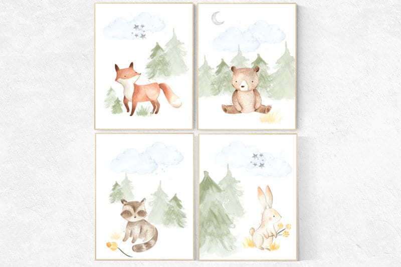 Woodland nursery decor, nursery wall art woodland animals, forest animal prints, gender neutral nursery art, nursery prints woodland animals