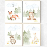 Woodland nursery decor, nursery wall art woodland animals, forest animal prints, gender neutral nursery art, nursery prints woodland animals