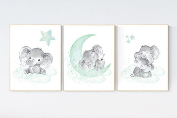 Elephant nursery art, elephant nursery print, mint nursery decor, cloud and stars nursery, baby room , gender neutral, aqua, moon and stars