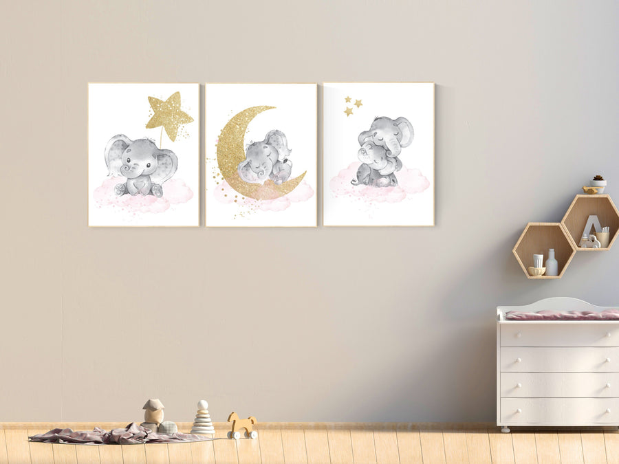 Nursery decor girl, pink and gold nursery decor, elephant nursery art, girl nursery wall decor, star nursery print, nursery decor elephant