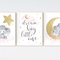 Elephant nursery wall art, moon and stars nursery, pink and gold nursery decor, elephant cloud baby room, nursery prints girl, gold nursery