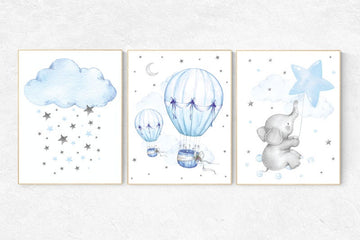 Blue nursery decor, Nursery wall art boy, Boy bedroom print, set of 3, Elephant nursery print, Animal print for nursery, hot air balloon