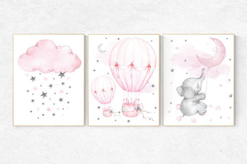 Nursery Elephant Print, Pink Elephant art, Elephant Nursery Art, Baby Girl Room, hot air balloon, Girl Nursery Wall Art, Elephant Wall Art