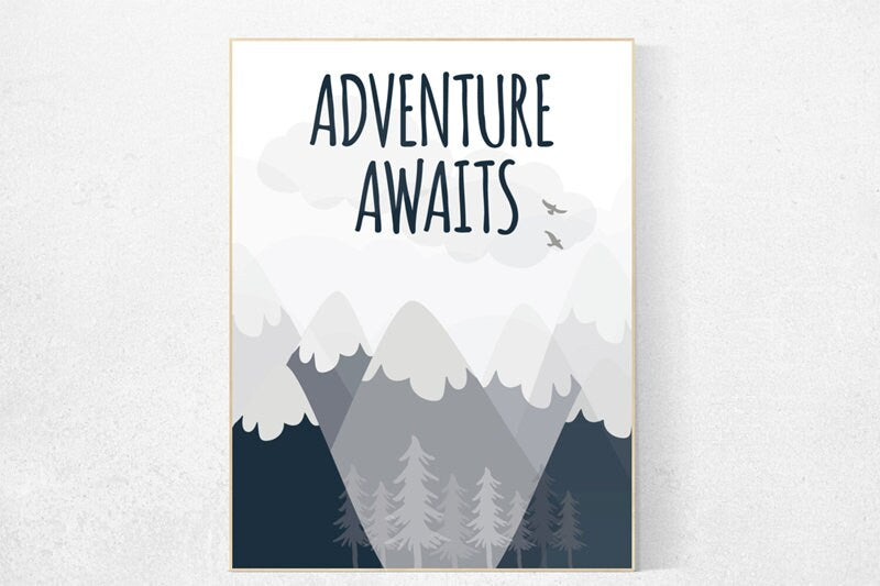 Nursery decor boy mountains adventure, adventure awaits nursery, navy nursery decor, nursery wall art woodland, mountain art for nursery