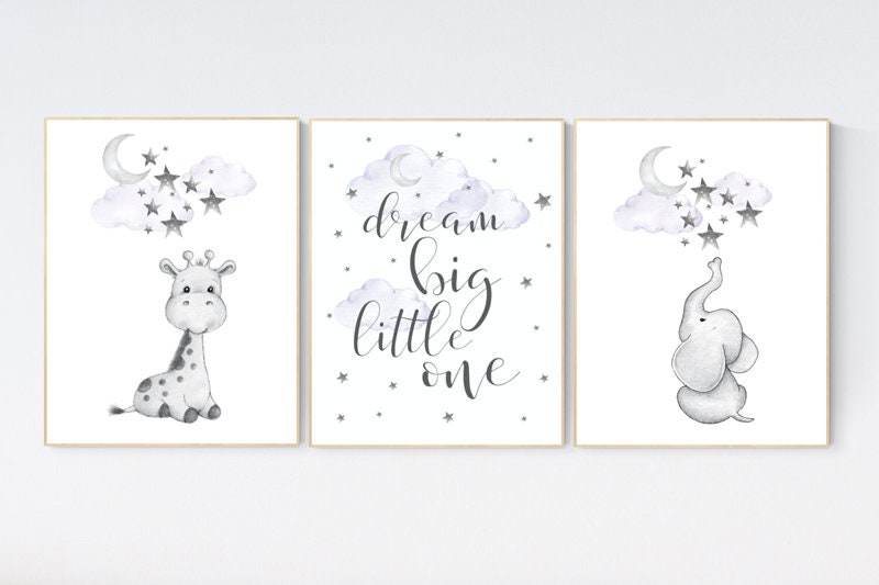 Nursery decor girl giraffe, Nursery decor girl purple, purple nursery print, nursery decor elephant, elephant giraffe, dream big little one