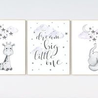 Nursery decor girl giraffe, Nursery decor girl purple, purple nursery print, nursery decor elephant, elephant giraffe, dream big little one