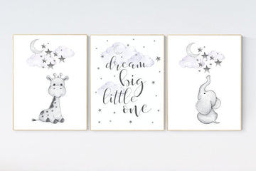 Nursery decor girl giraffe, Nursery decor girl purple, purple nursery print, nursery decor elephant, elephant giraffe, dream big little one