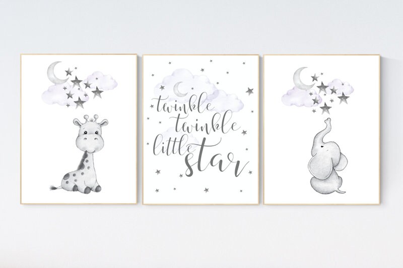 Nursery wall art girl giraffe, Nursery decor girl purple, lilac, nursery decor elephant, elephant giraffe, twinkle twinkle little star