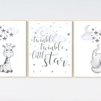 Nursery wall art girl giraffe, Nursery decor girl purple, lilac, nursery decor elephant, elephant giraffe, twinkle twinkle little star