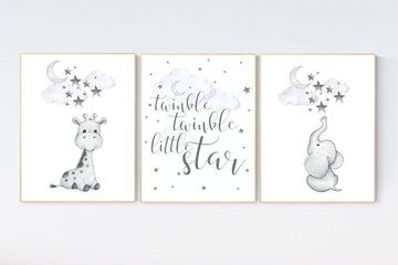 Nursery wall art girl giraffe, Nursery decor girl purple, lilac, nursery decor elephant, elephant giraffe, twinkle twinkle little star