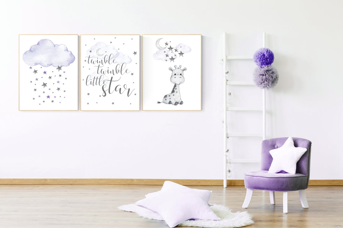 Nursery wall art girl giraffe, Nursery decor girl purple, lilac nursery decor, twinkle twinkle little star, lavender nursery, cloud and star