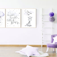 Nursery wall art girl giraffe, Nursery decor girl purple, lilac nursery decor, twinkle twinkle little star, lavender nursery, cloud and star